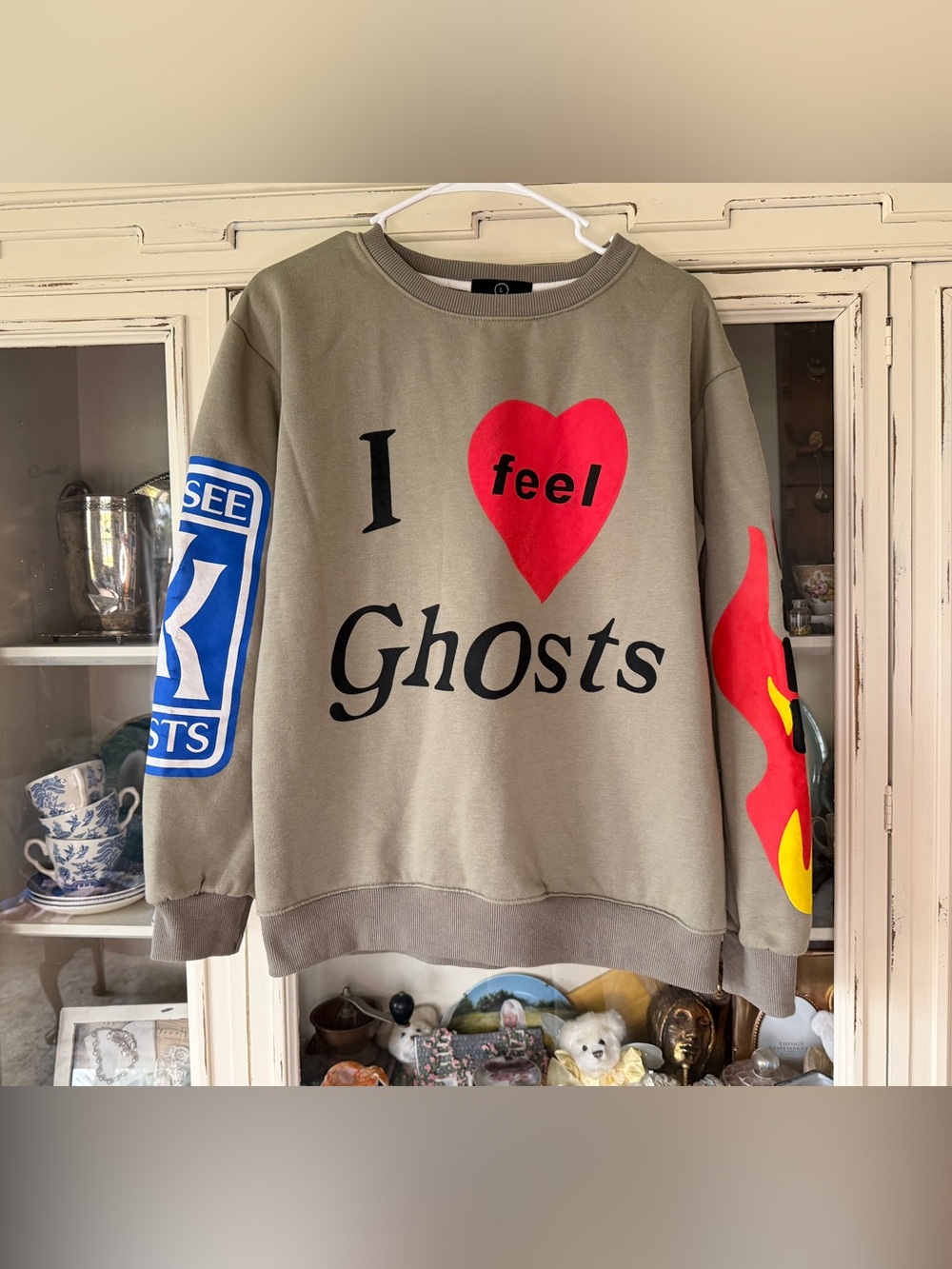 Crewneck Sweater Olive Green with Red Heart & Sleeve Graphics
